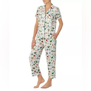 KATE SPADE White Multi Garden Print Short Sleeve Cropped Printed Pajama Set